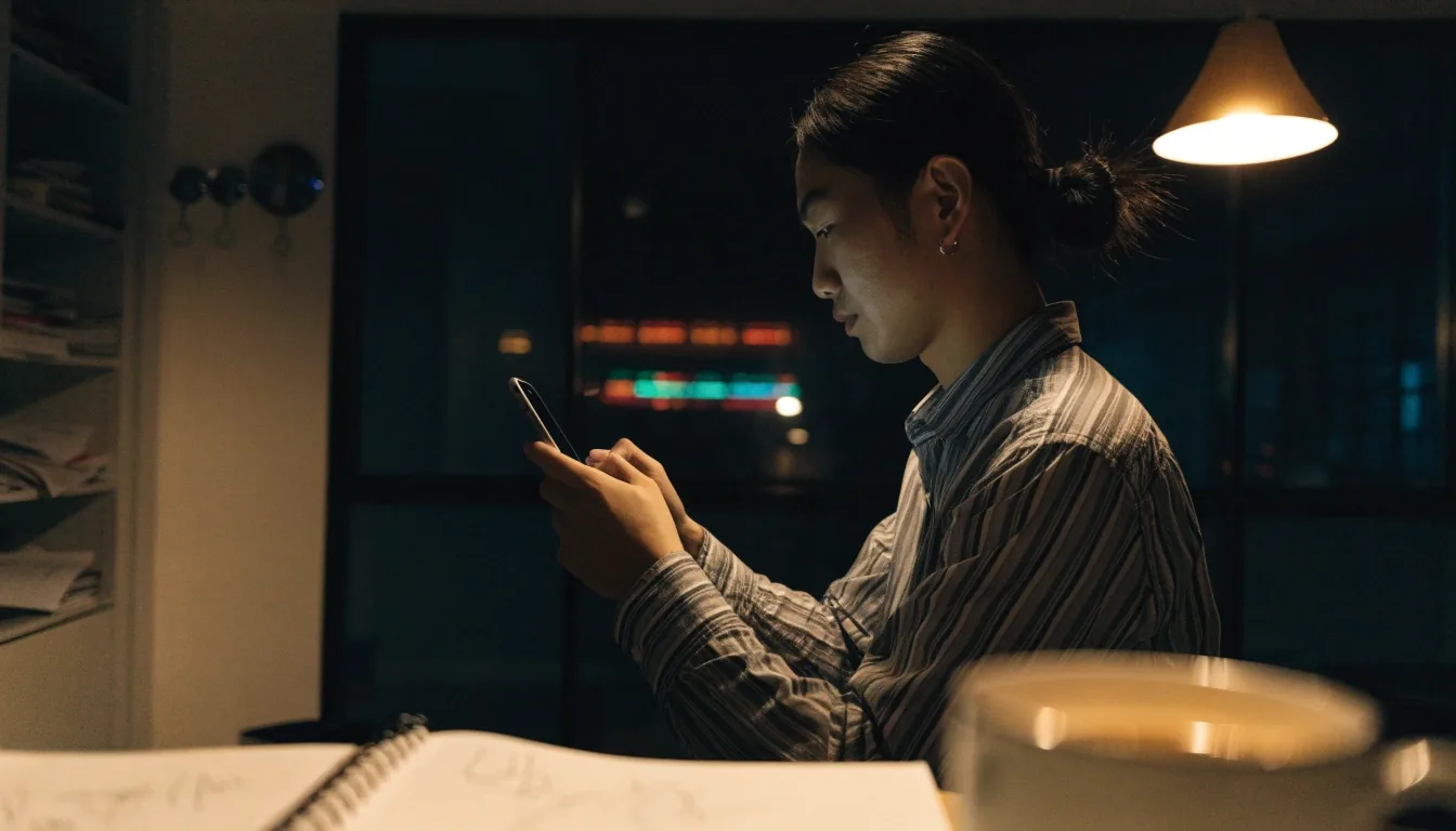 夜間辦公室裡，雙手在胸前拿著手機，螢幕暗著朝向另一側