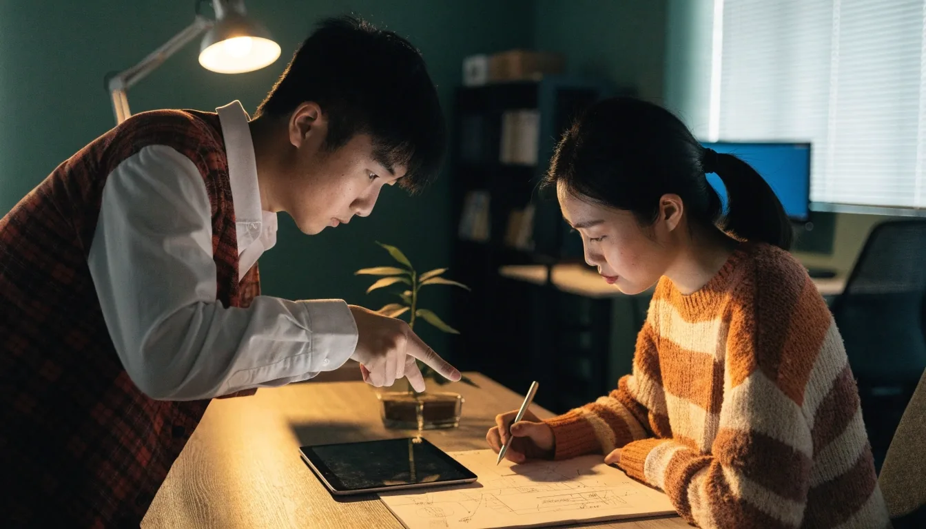 夜晚台中的設計工作室房間，兩張椅子與長桌，白板已擦淨，單顆暖燈從左上方落下