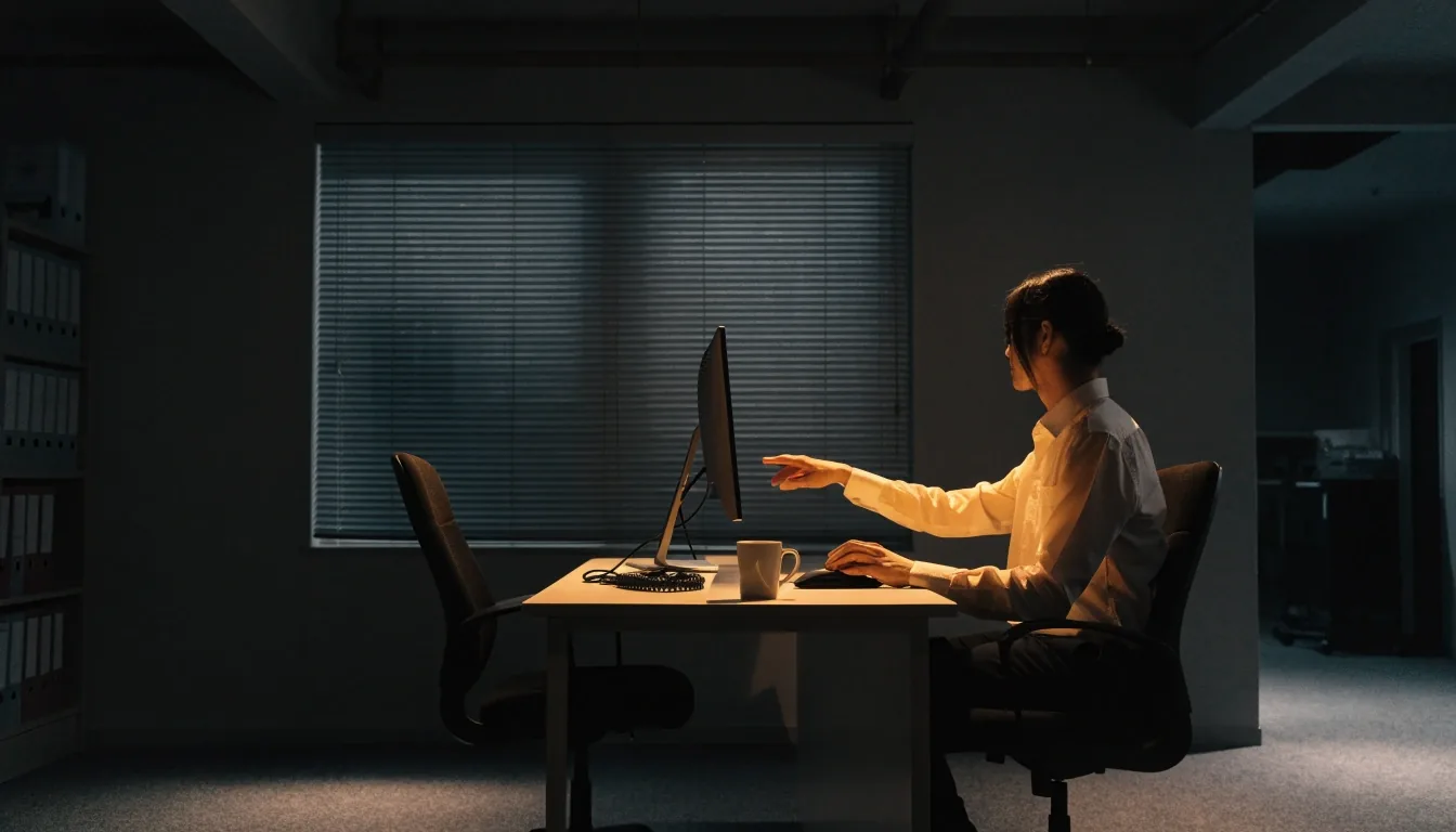 台中開發工作室深夜的桌面與工作區，單一暖光從左上方照入